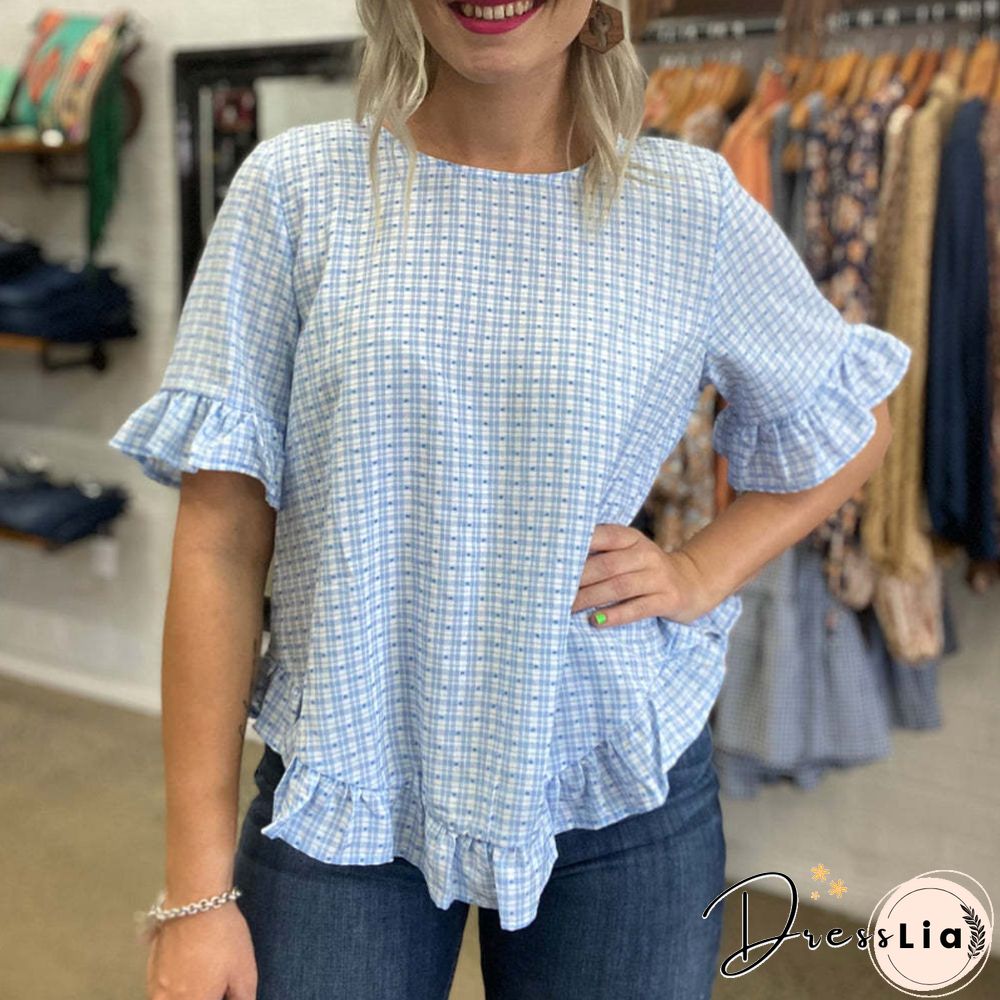 New Round Neck Women's Shirt With Turtleneck And Trumpet Sleeves Spliced Short Sleeve Plaid Jacquard Casual Jacket Tops Tees