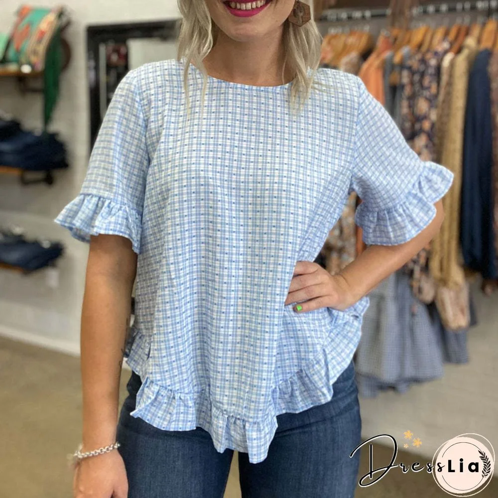 New Round Neck Women's Shirt With Turtleneck And Trumpet Sleeves Spliced Short Sleeve Plaid Jacquard Casual Jacket Tops Tees