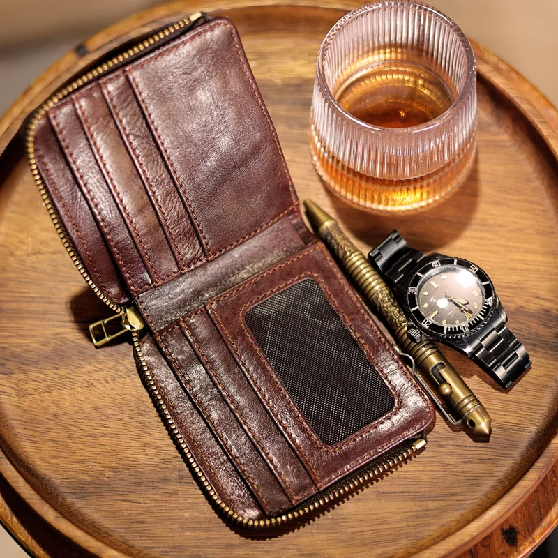 Vintage Distressed Handcrafted Leather Soft Short Zipper Card Holder Wallet
