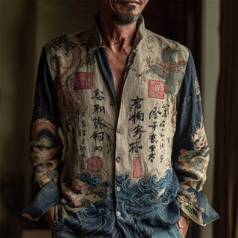 Men's Dragons Sea Waves Japanese Calligraphy Linen Shirt elevenforest