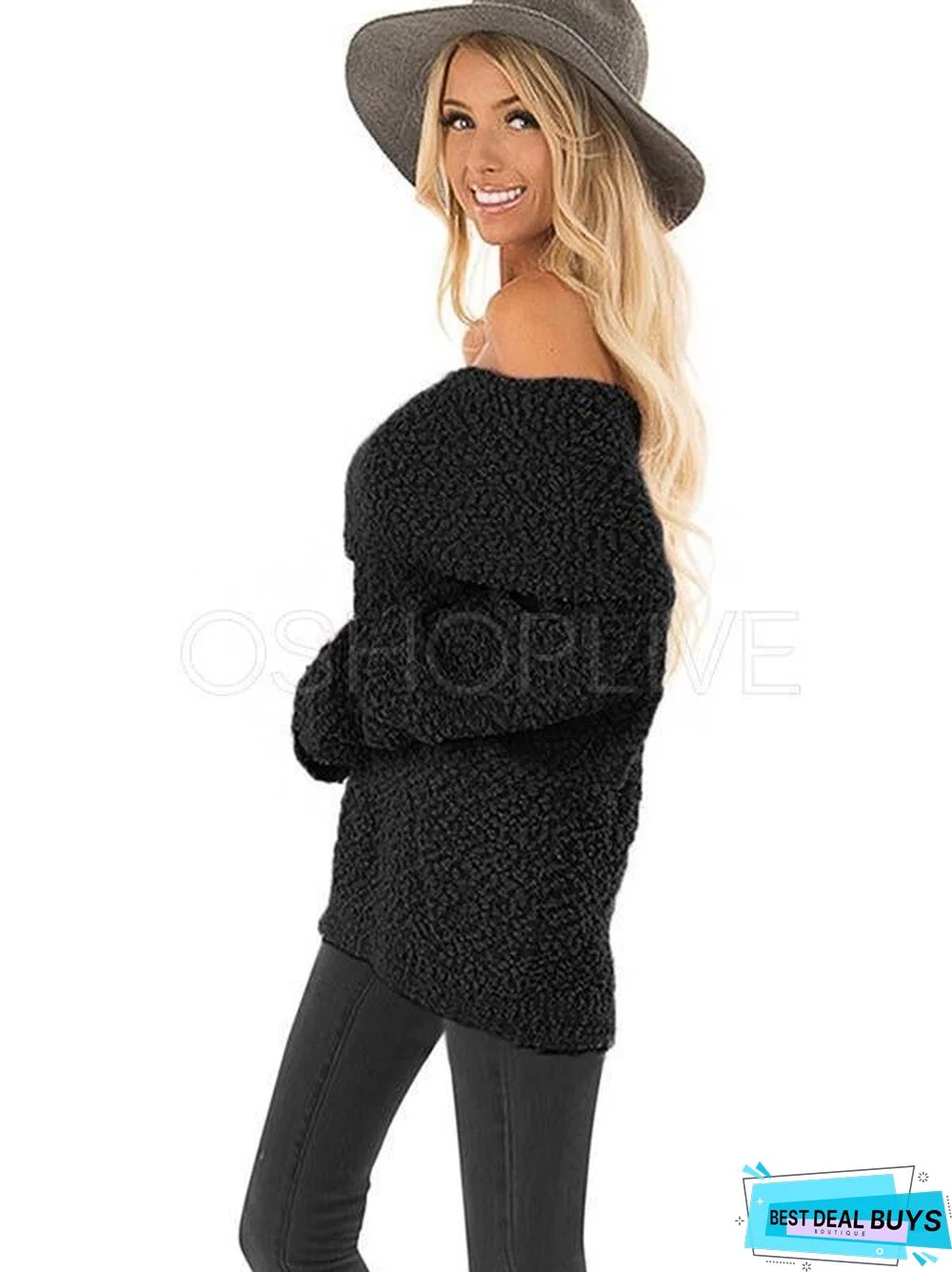 Plain One-Shoulder Collar Velvet Sweater