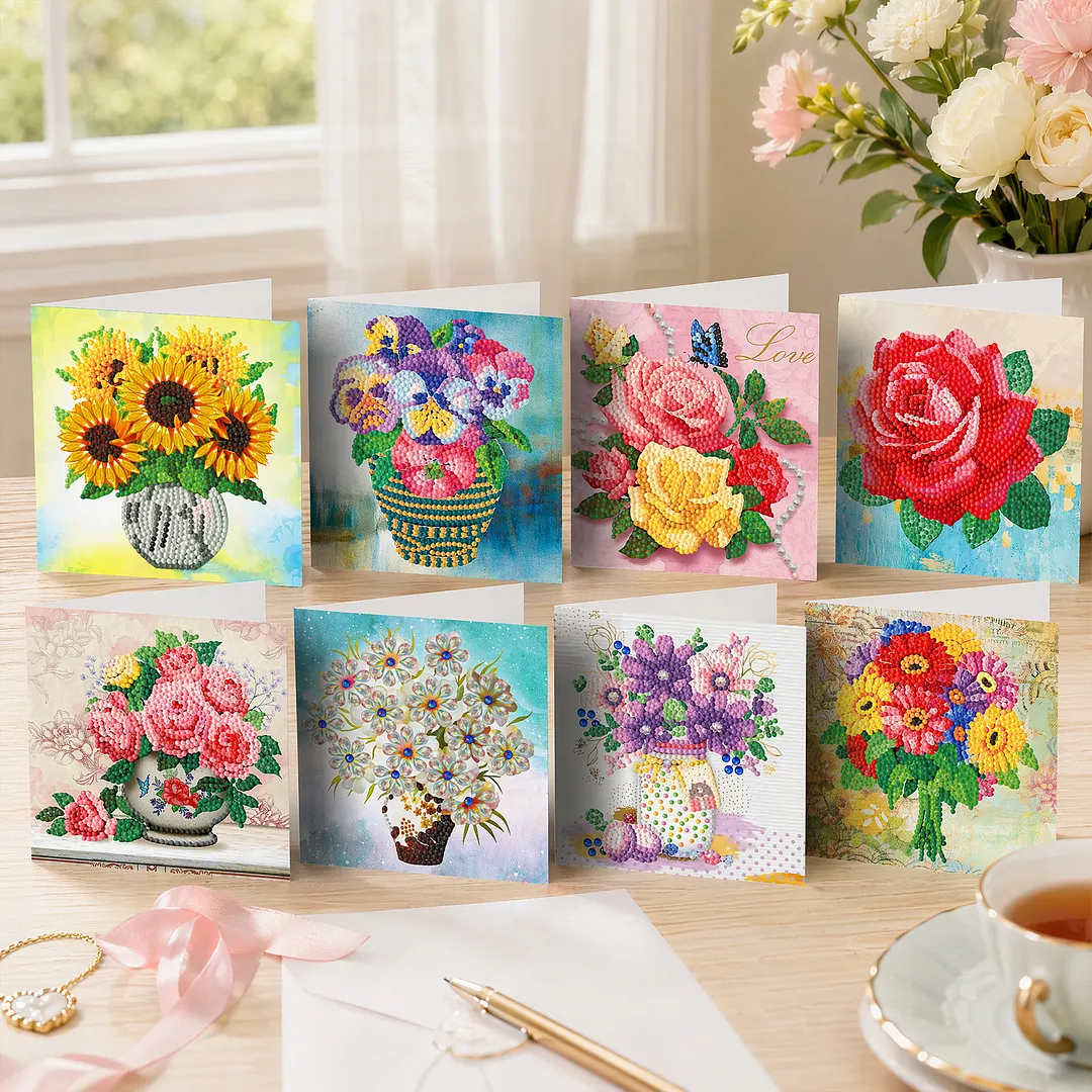 8PCS Vase DIY Diamond Painting Greeting Card Kits with Envelopes Diamond Art Greeting Cards Diamond Art Cards Kits for Adults DIY Crafts Family Friend Gifts