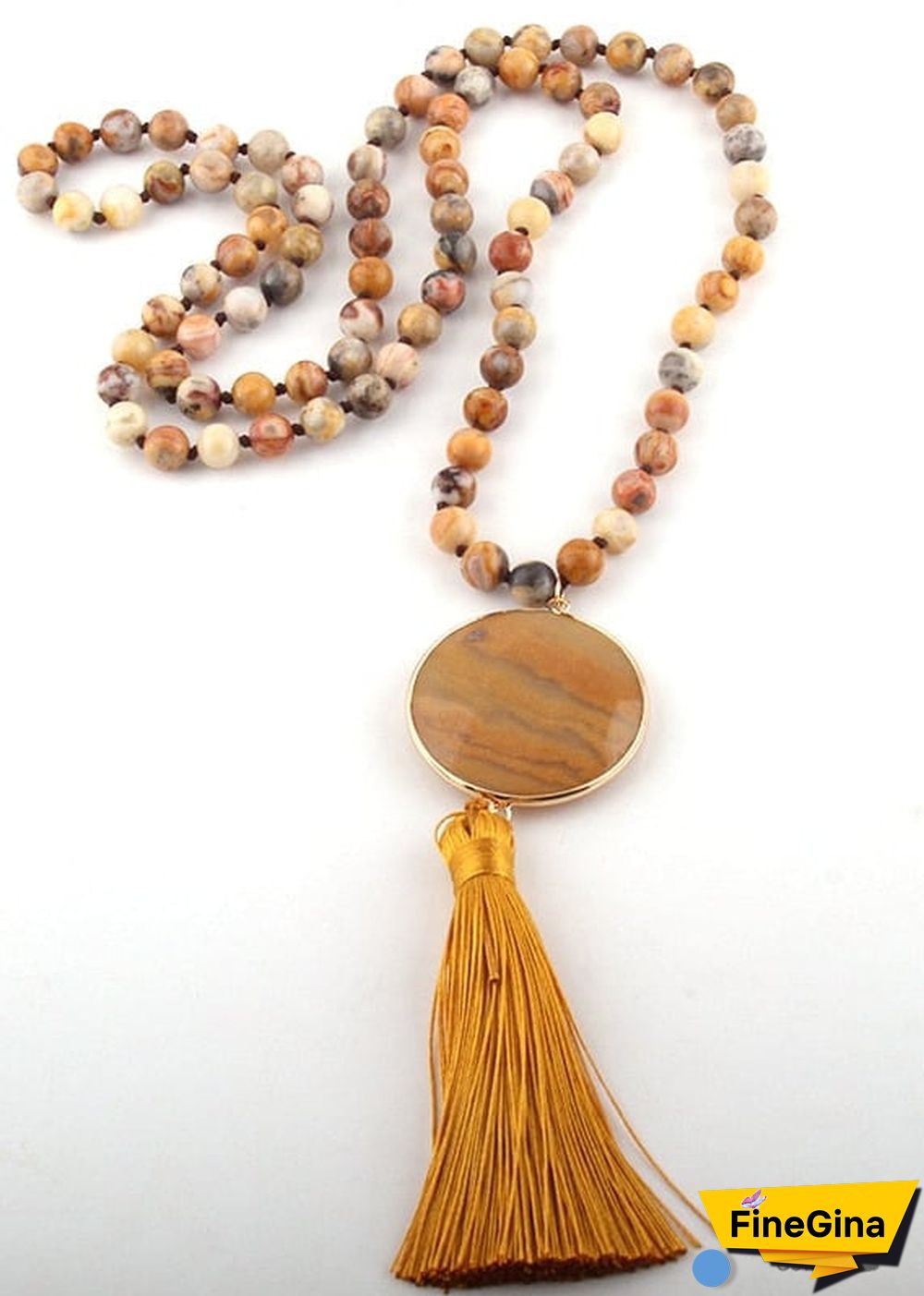 Boho Necklace, RH Amazonite Jasper, Circle Tassel Green White Natural Stone