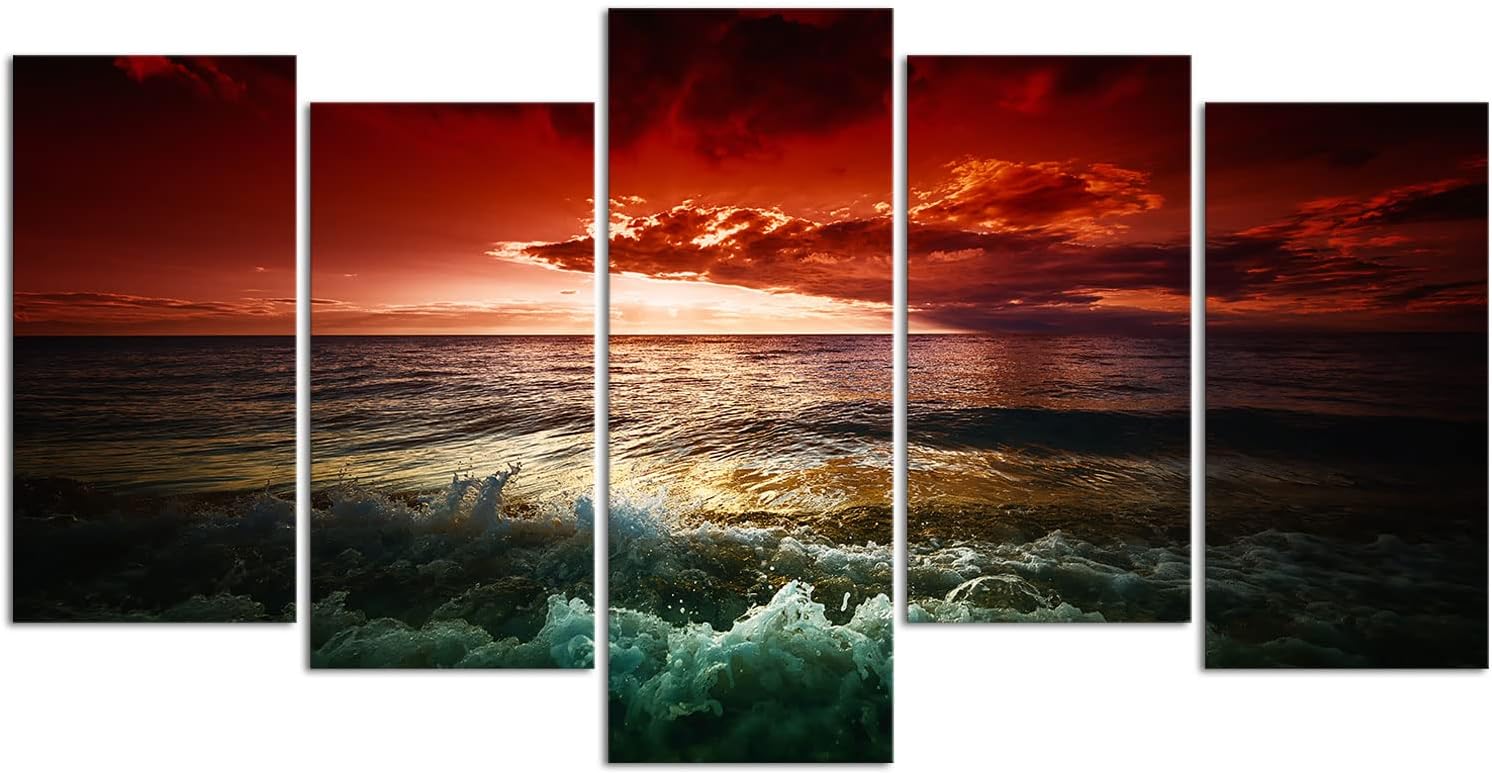 LyerArtork 5 Piece Sea with Cloudy Sky Canvas Wall Art Sunset Picture Wall Decor Ocean Landscape Painting Poster for Modern Living Room Bedroom Decoration