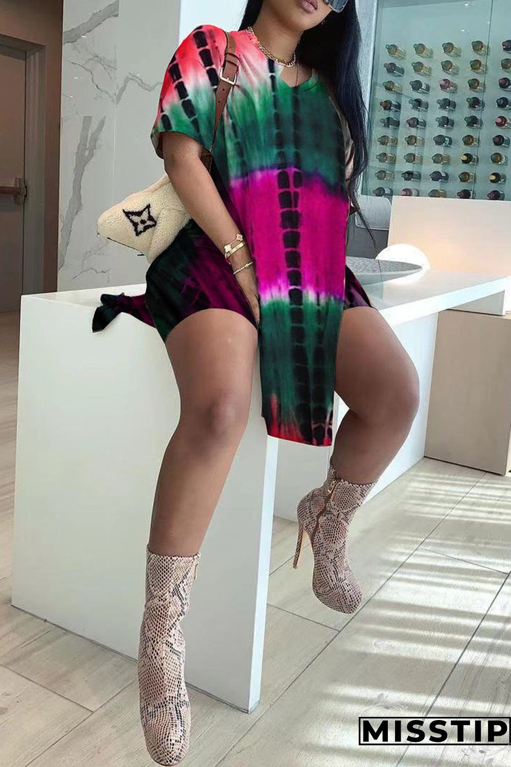 Orange Fashion Casual Print Tie Dye Slit V Neck Short Sleeve Two Pieces