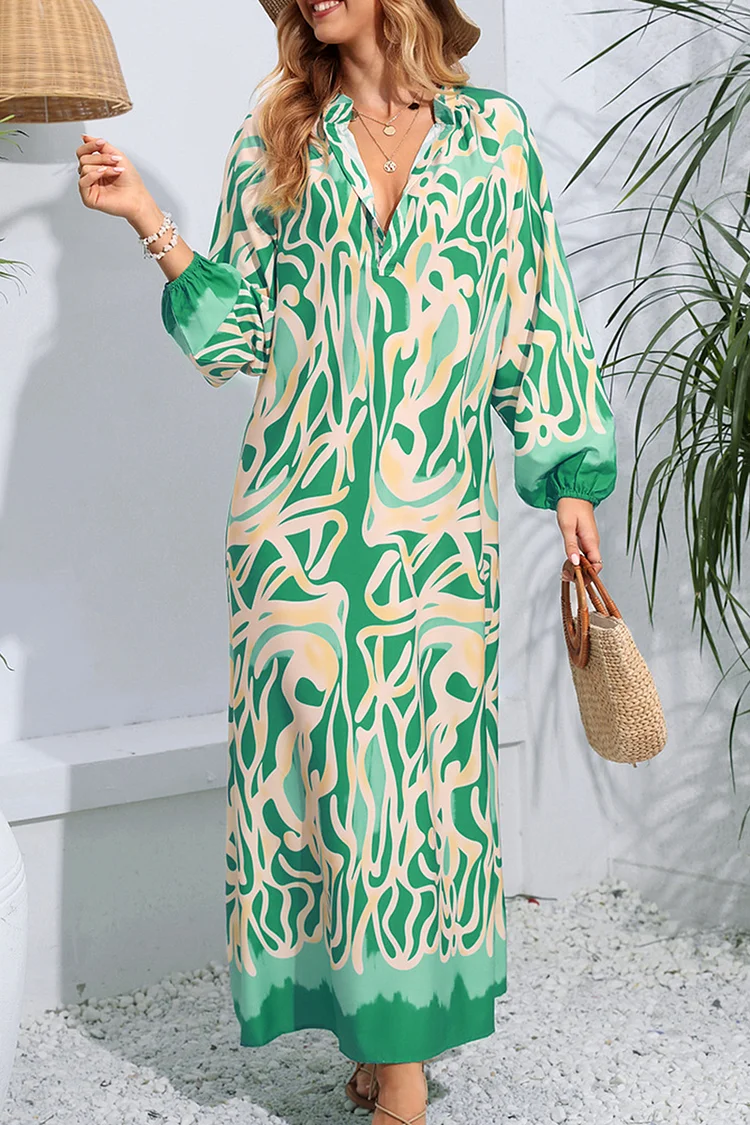 V Neck Button Up Abstract Print Lantern Sleeve Loose-Fit Maxi Dresses