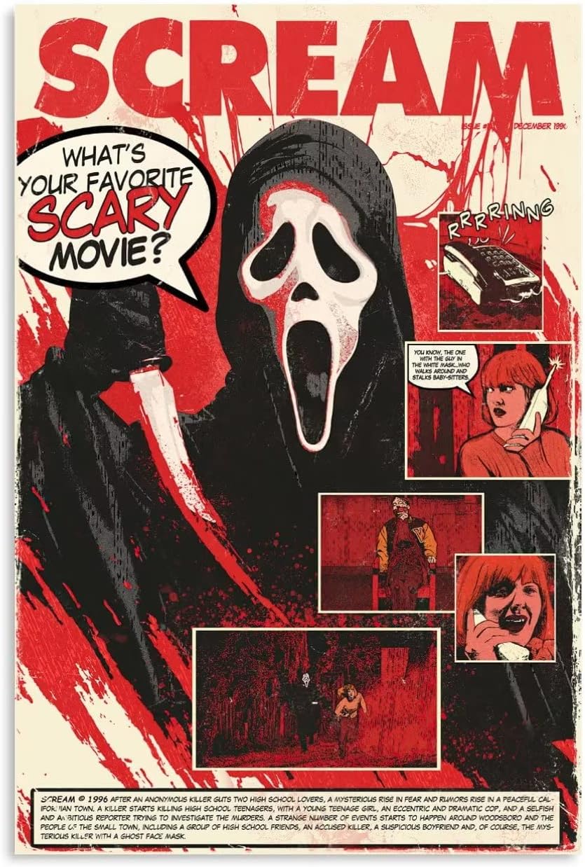 Scream Poster 12x18inch Unframed Vintage Horror Movie Poster for Room Aesthetic Canvas Wall Art Gothic Room Decor Ghostface Poster for Living Room Bedroom Unframe-12x18inch