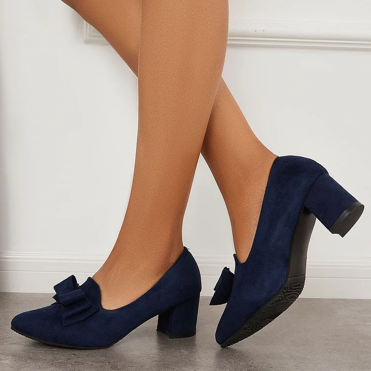 Suede Block Heel Pumps Bowknot Round Toe Slip on Dress Shoes