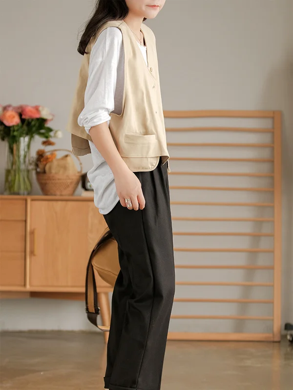 Vintage Asymmetric Buttoned Solid Color Vest Top