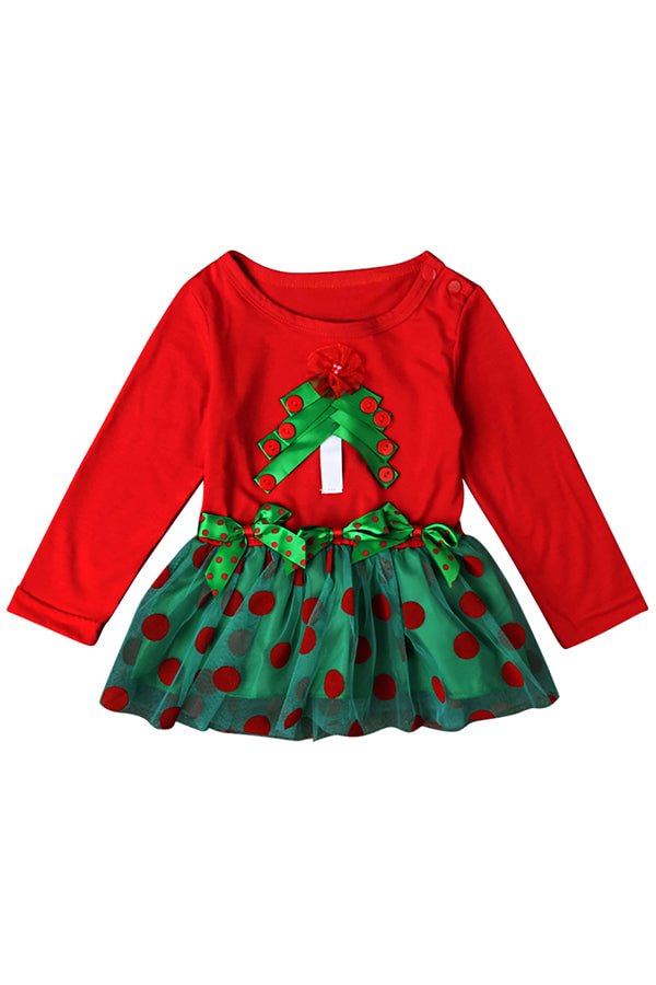 Cute Long Sleeve Kids Girls Christmas Tree Lace Dress Red-elleschic