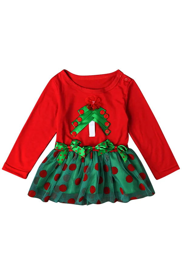Cute Long Sleeve Kids Girls Christmas Tree Lace Dress Red-elleschic