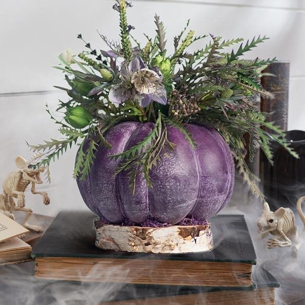 (🎃HALLOWEEN PRE SALE - 49% OFF) Enchanted Garden Pumpkins Fall Halloween Floral Arrangement Centerpiece on Wood Base