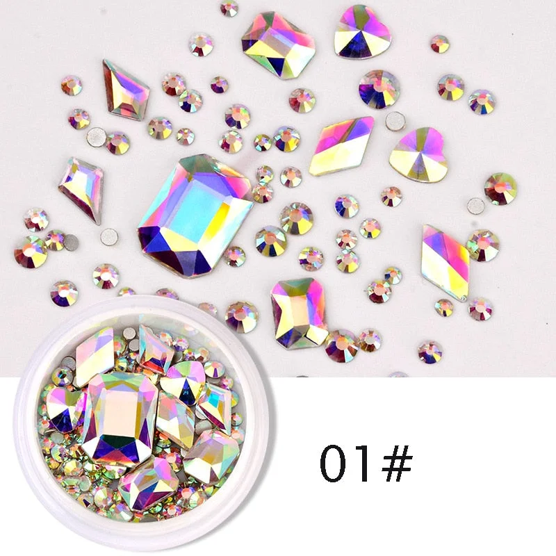 Xpoko 1 Box Glitter 3D Rhinestones AB Flat Back Shiny Stones Nail Art Decorations Mixed Size Nail Gems Crystal Strass Accessories