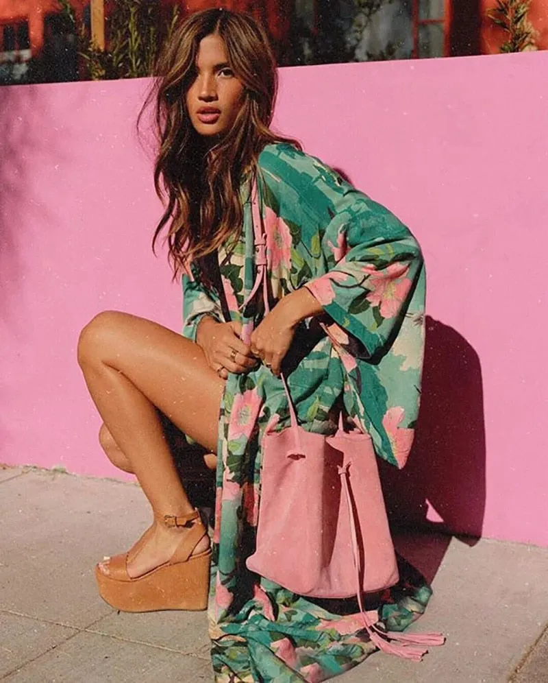 Fitshinling Print Floral Long Cardigan Swimwear Boho Flare Sleeve Sashes Summer Beach Cover Up Swimwear Holiday Big Size Output
