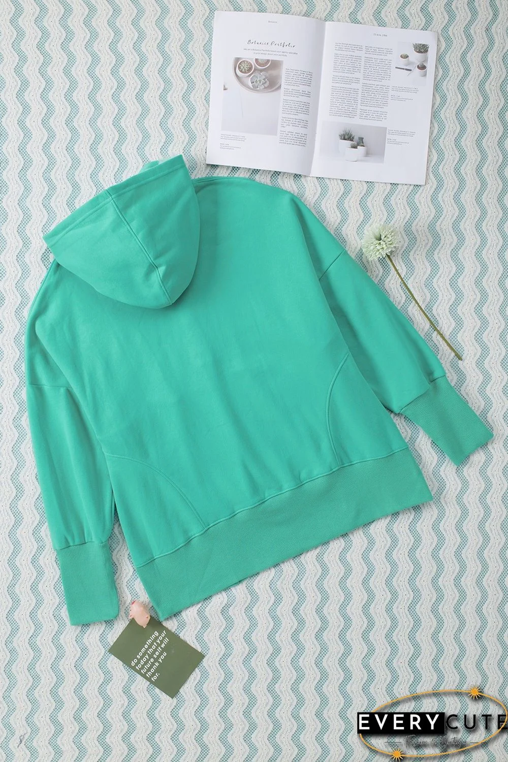 Turquoise Batwing Sleeve Pocketed Henley Hoodie