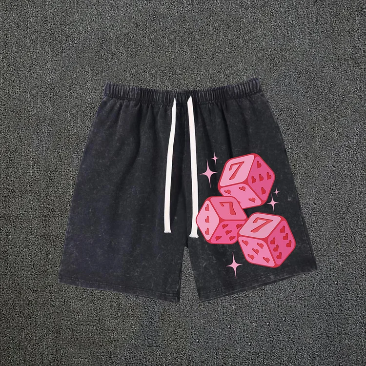 Pink 777 Fun Dice Print Acid Washed Drawstring Shorts