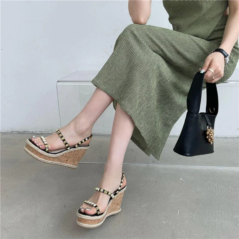 Qengg Rome Women Sandals High Heels Buckle Strap Metal Rattan Weave Platform Wedges Shoes For Women Beach Cane Sandals Open Toe