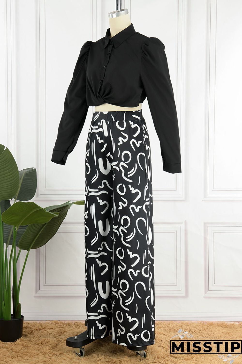 White Casual Print Patchwork Turndown Collar Long Sleeve Two Pieces