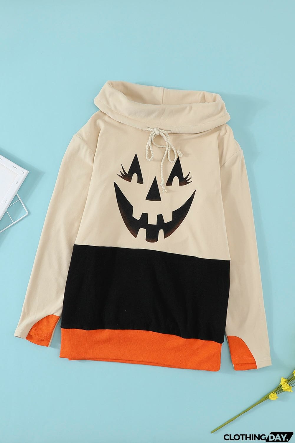 Cute Black Cowl Neck Pumpkin Print Color Block Halloween Sweatshirt