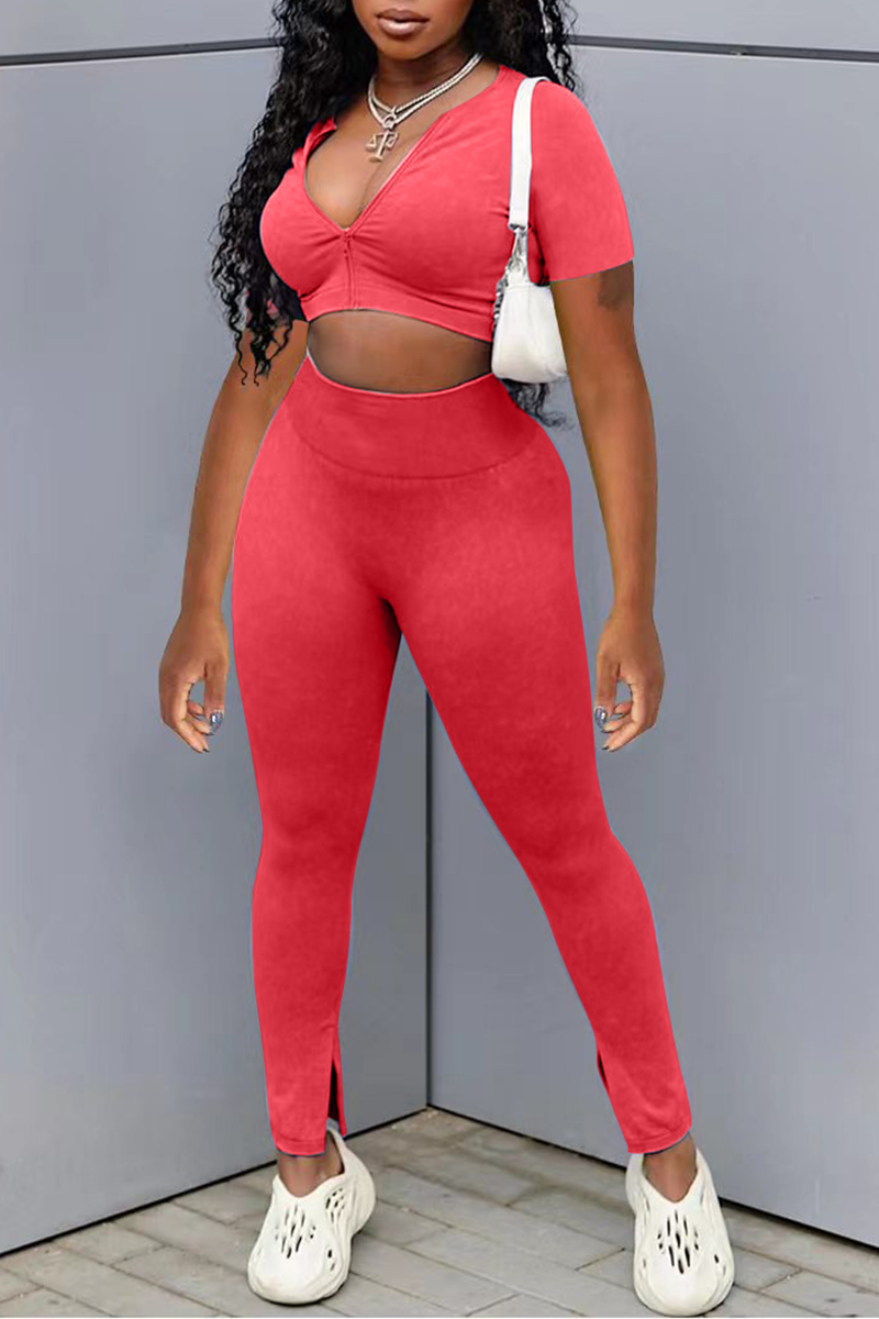 Red Fashion Solid Patchwork V Neck Short Sleeve Two Pieces | EGEMISS