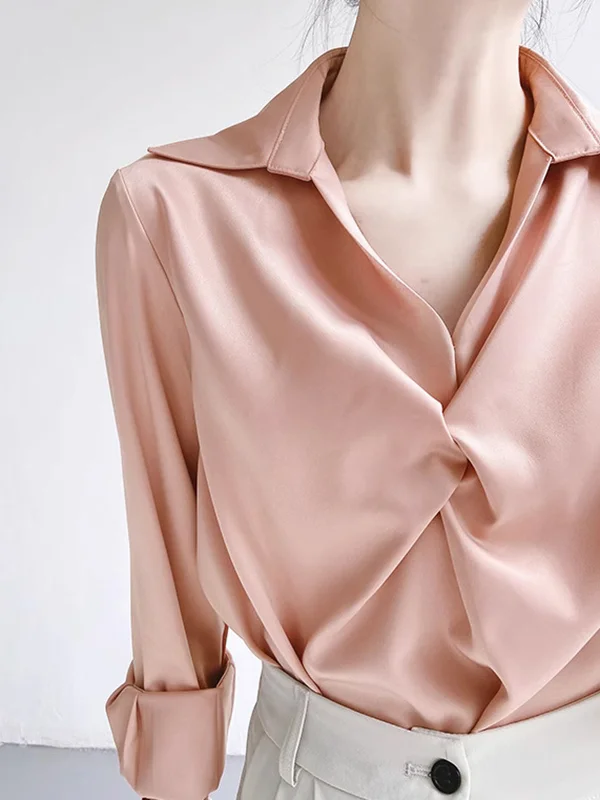 Knot Solid Color Long Sleeves Loose Lapel Blouses&Shirts Tops