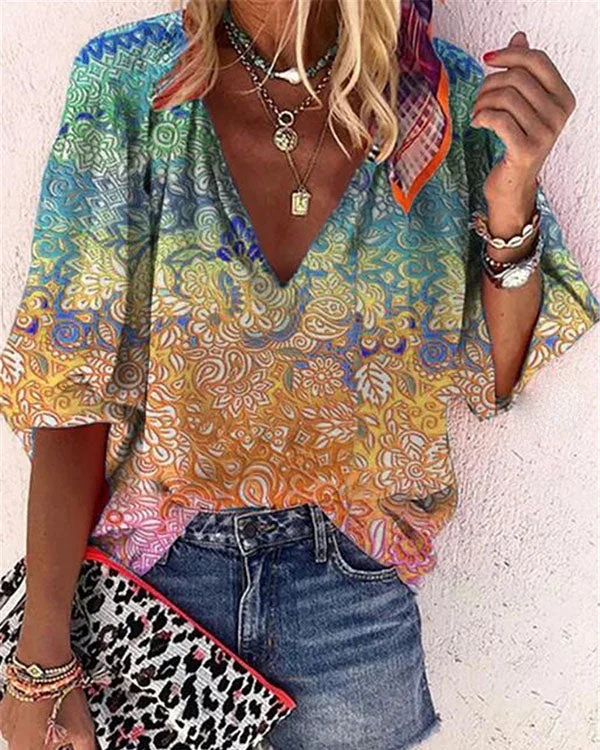 Women's Printed Casual V-Neckline Half Sleeve Blouses