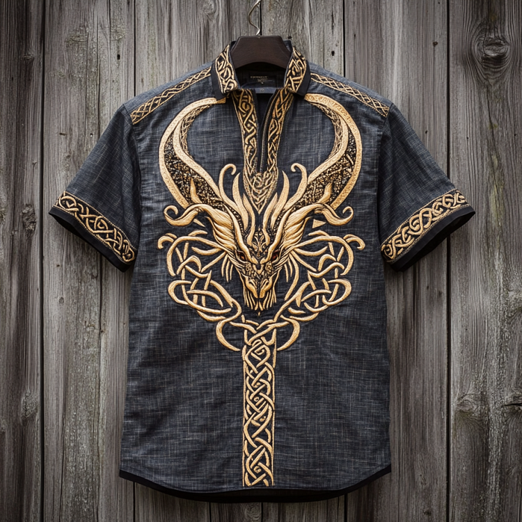 Men's Viking Tribal Dragon With Celtic Knotwork Embroidery Art Linen T-shirt
