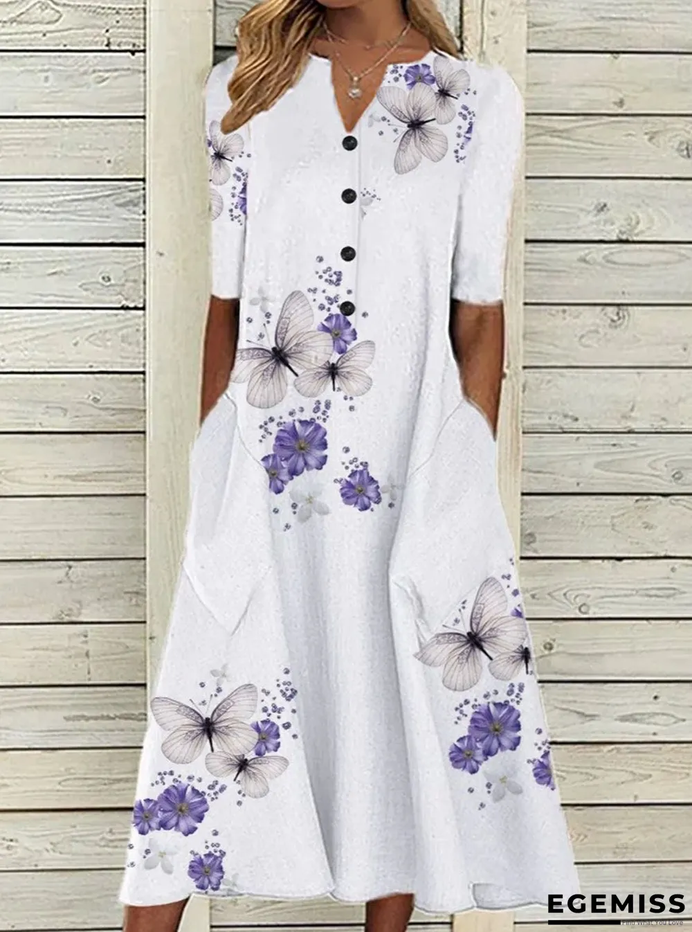 Butterfly Print Long Sleeve Casual Maxi Dress White Dresses | EGEMISS