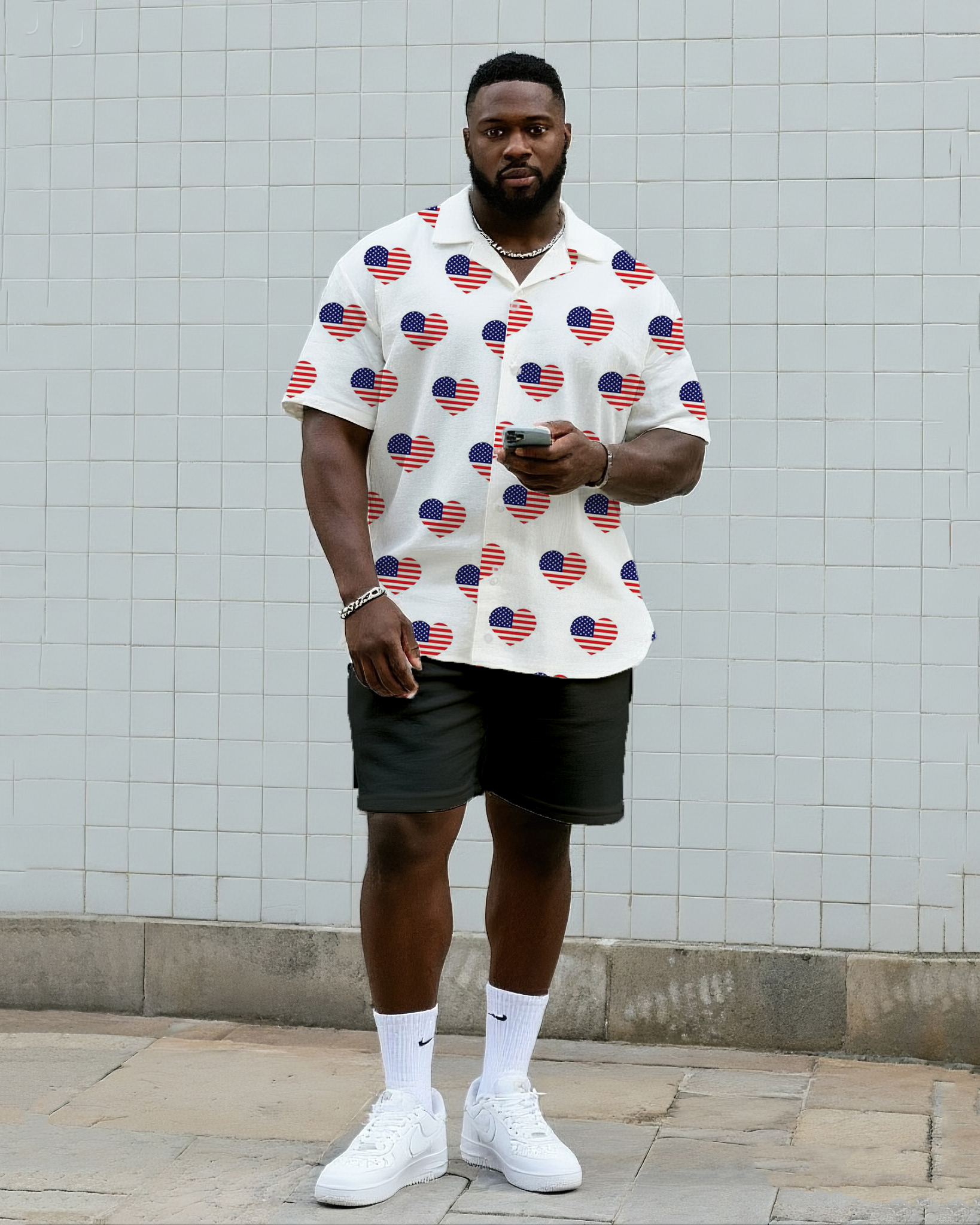 Big & Tall Men's Daily Leisure. Love Flag Print Shirt Shorts Suit