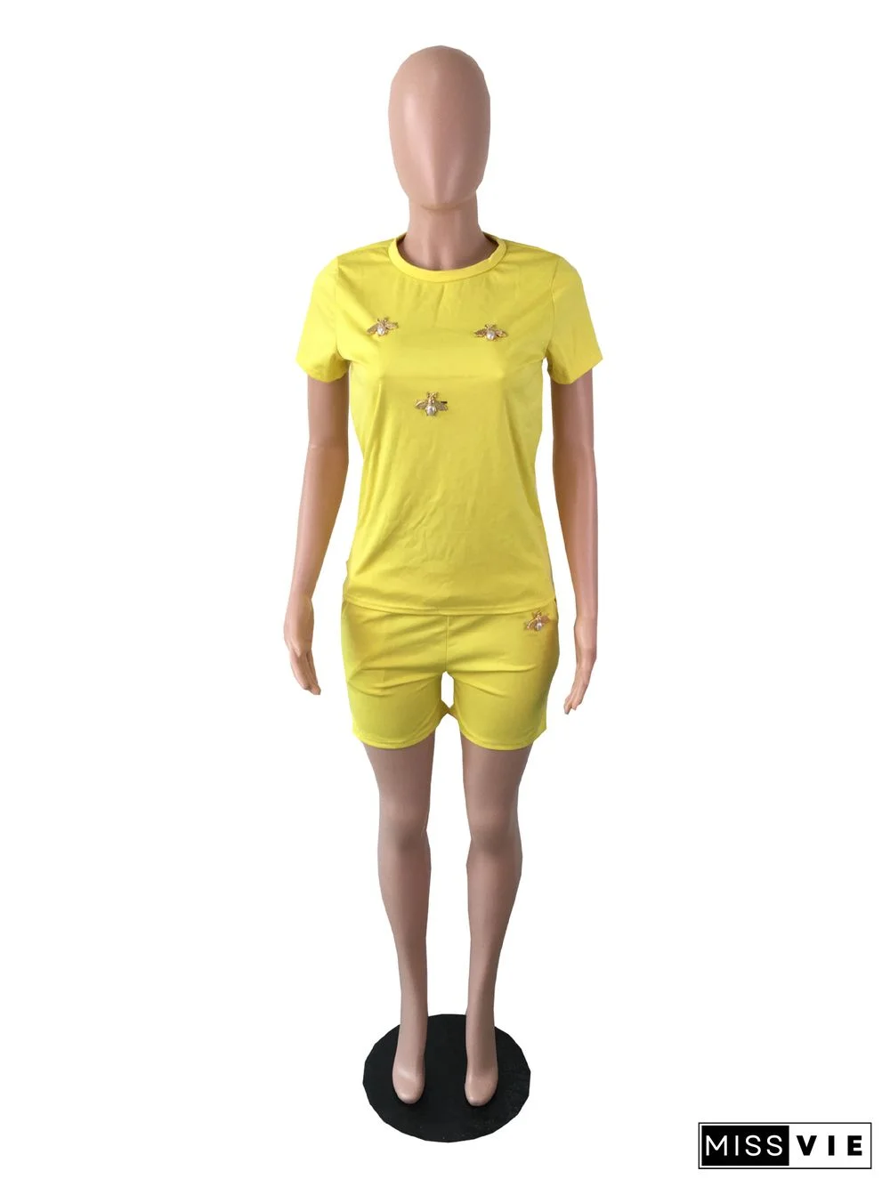 Summer Fashion New Bees Decorative Solid Color Short Sleeve T Shirt Pocket Shorts 2 Piece Set