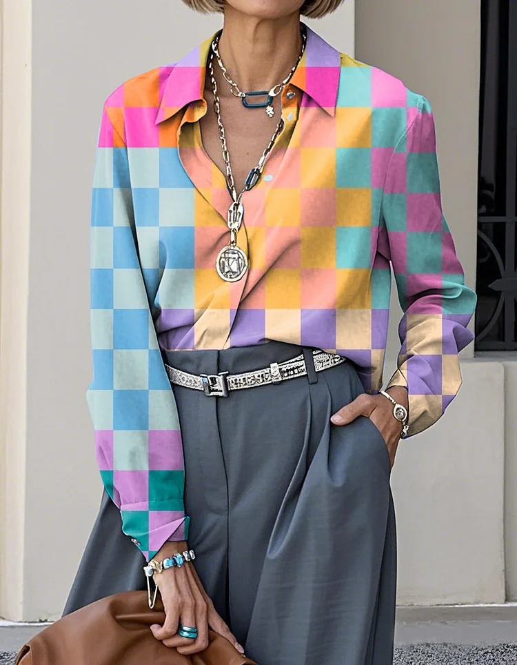 Elegant Colorful Plaid Art Print Lapel Casual Long Sleeve Shirt