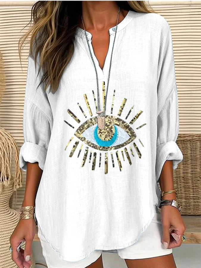 Women's Devil's Eye Sequin Print Casual Long Sleeve V-Neck Shirt socialshop
