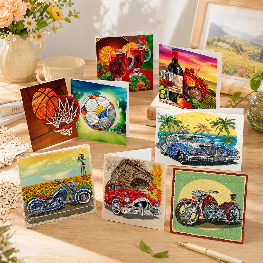 8PCS Cars and Balls DIY Diamond Painting Greeting Card Kits with Envelopes Diamond Art Greeting Cards Diamond Art Cards Kits for Adults DIY Crafts Family Friend Gifts