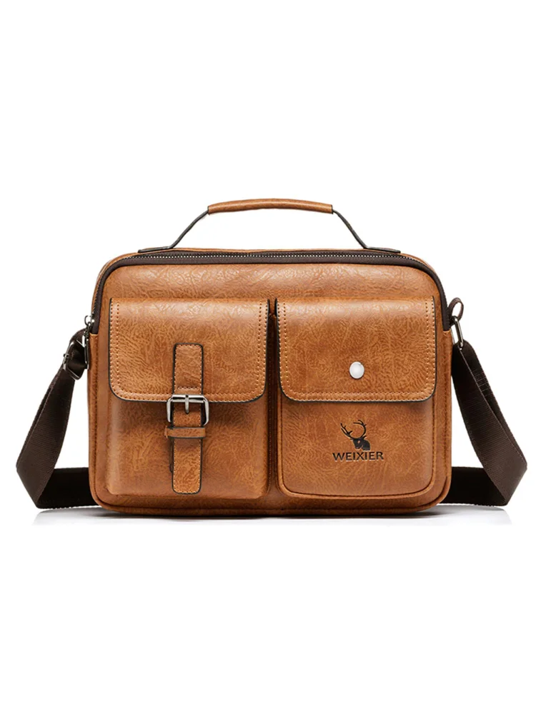 Vintage Men PU Leather Messenger Bag Multi Pockets Handbags (Light Brown)