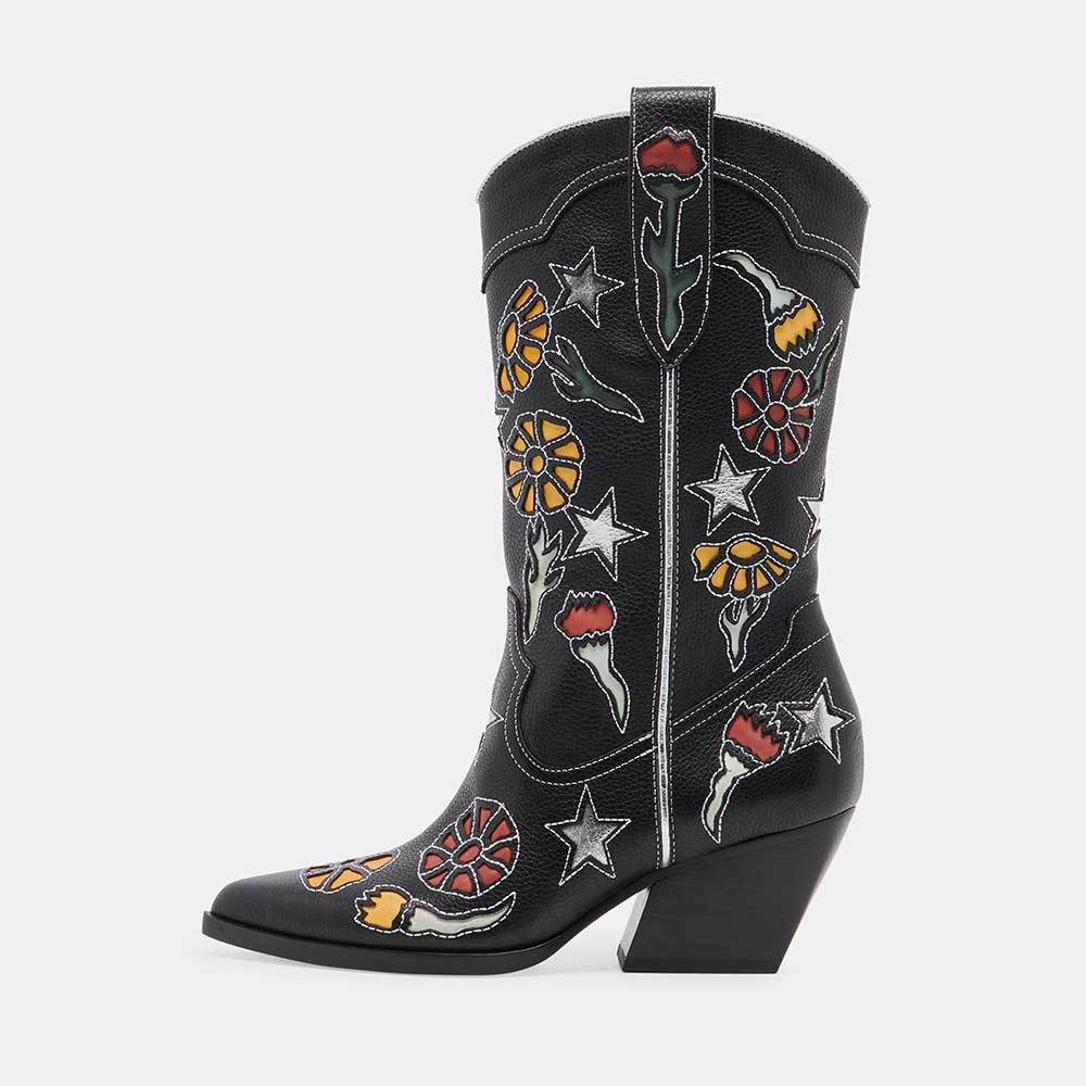 Black Vegan Leather Colorful Floral Inlay Elegant Cowgirl Boots