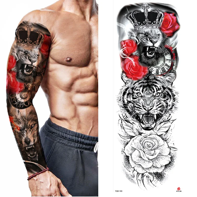 Sdrawing Arm Sleeve Tattoo Lion Crown King Rose Waterproof Temporary Sticker Wild Wolf Tiger Men Full Skull Totem Tatoo