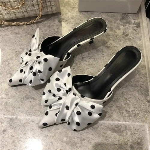 2021 New Spring Slippers Women's Korean-Style Pointed Polka Dot Bow Stiletto Mid-Heel Low Heel Slippers Polka Dot Half Slippers