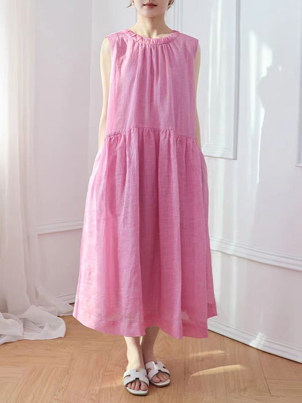 Round Neck Sleeveless Solid Color Linen Midi Dress