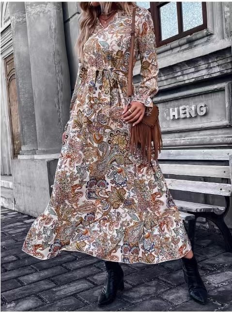 Women's Long Sleeve Printed V Neck Boho Vintage Midi Dress  LILYELF
