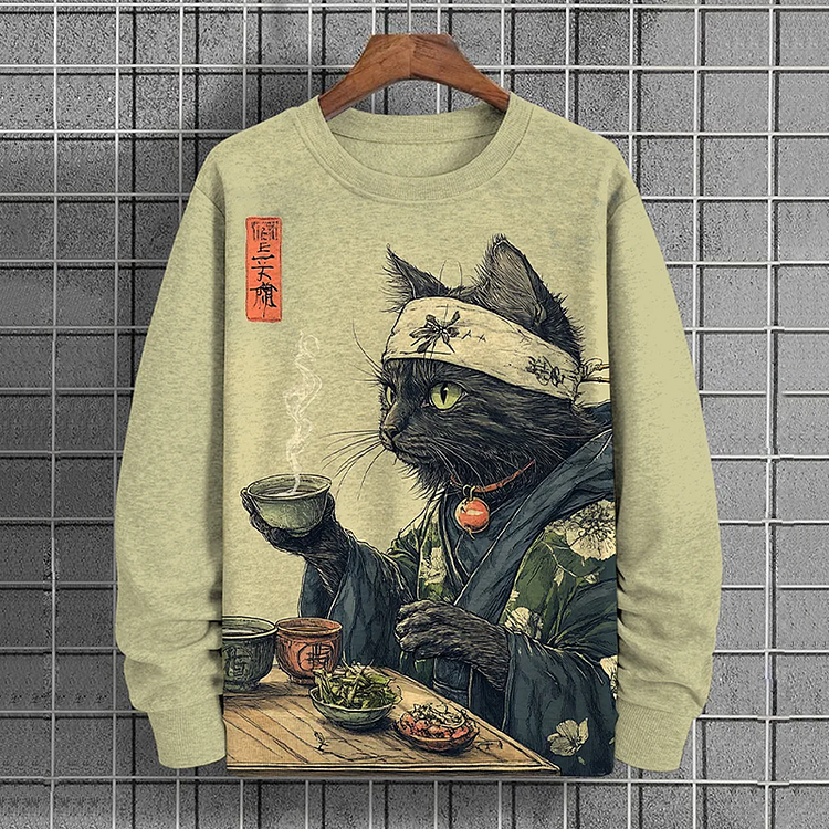 Men's Cat Drinking Tea Japanese Tea Ceremony Art Print Casual Sweatshirt