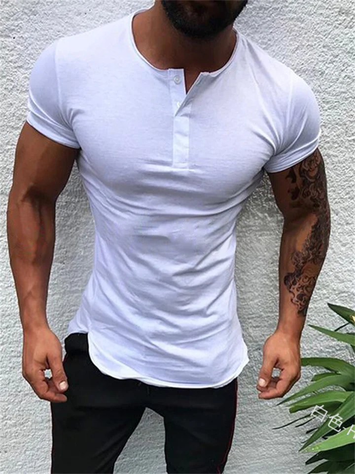 Hot Summer Thin Section Casual Solid Color Short-sleeved Round Neck Pullover Button Slim Fashion Urban Men's T-shirt Basic Popular Style