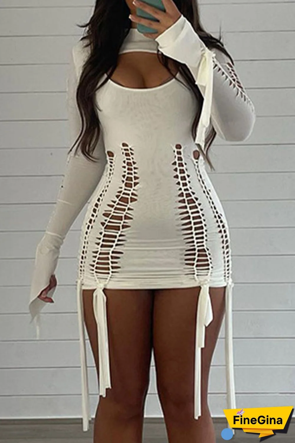 White Sexy Party Solid Hollowed Out Strap Design O Neck One Step Skirt Dresses