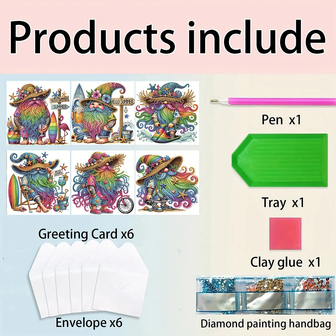 6pcs Gnome DIY Diamond Art Greeting Cards Thank You Cards and Holiday Blessings(Blank Inside)