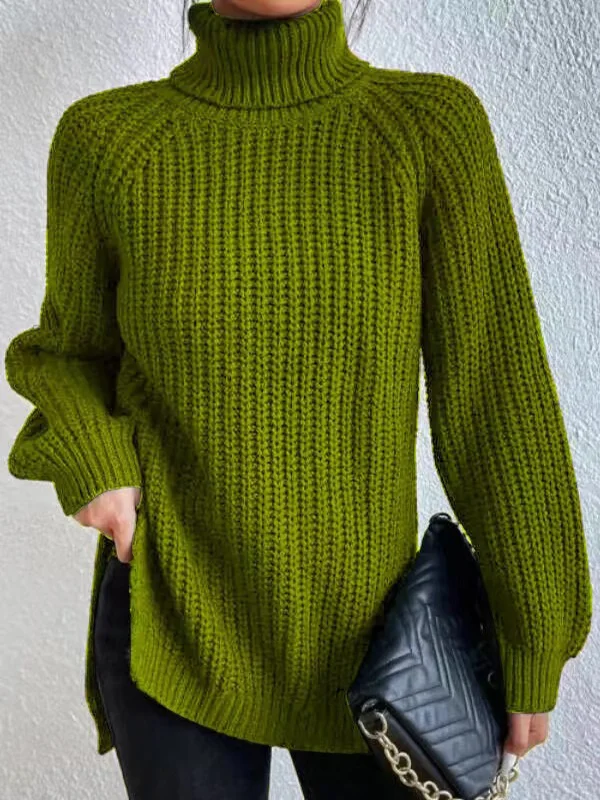 Split-side Solid Color Raglan Sleeve Plus Size High Neck Sweater Tops Pullovers