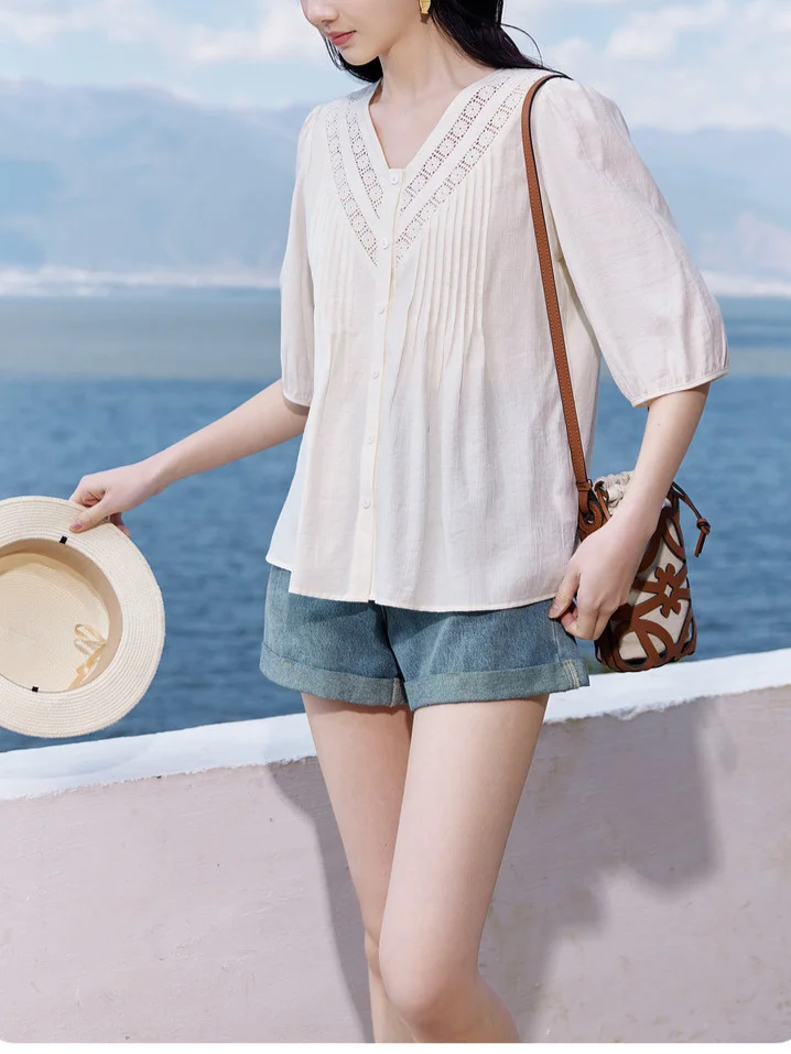 Athvotar Athvotar Atmosphere Age Reduction V-Neck Short-Sleeved Shirt Woman 2025 Summer New Commute Fashion Temperament Top
