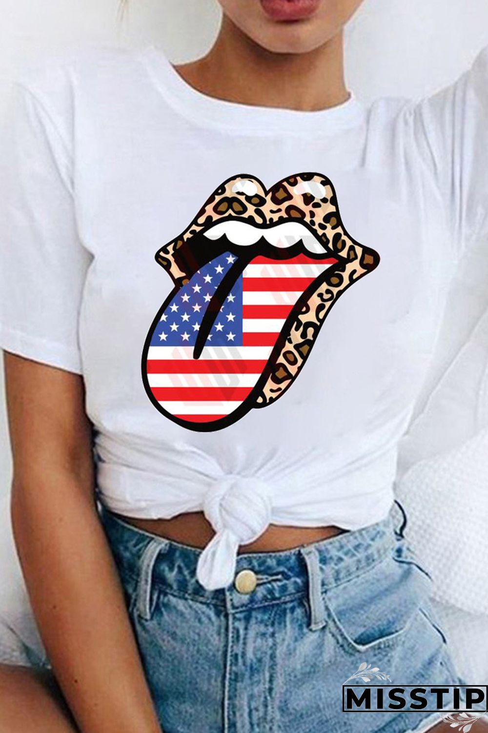 White Fashion Street Lips Printed Patchwork O Neck T-Shirts