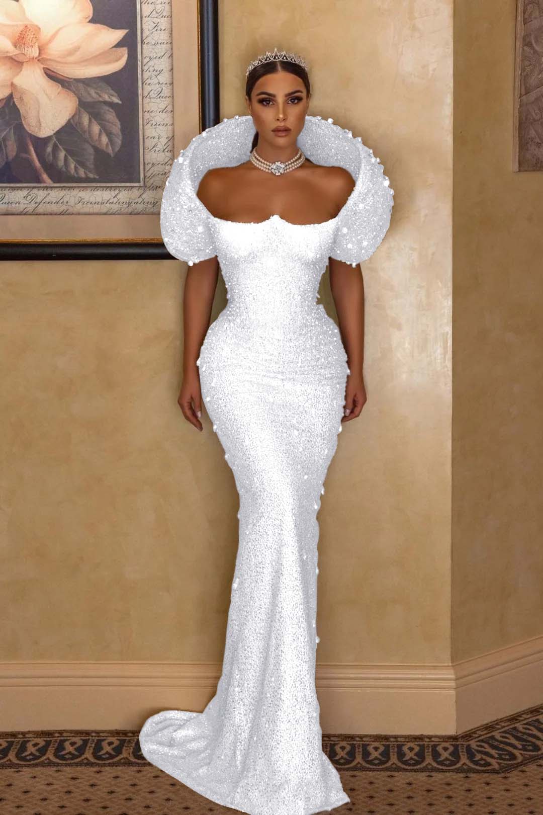 Lisliy Prom Dress White Long Mermaid With Sequins Gown Sleeveless Beadings 