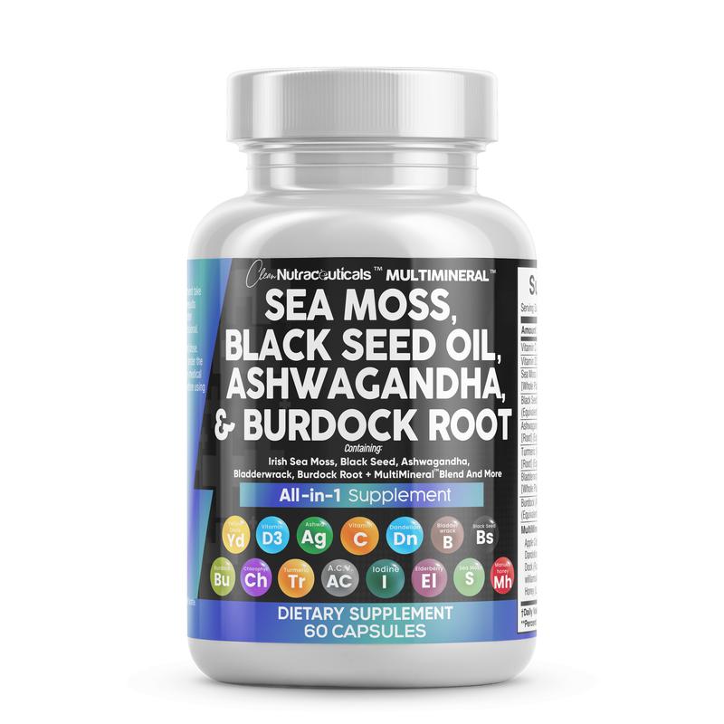 MultiMineral Sea Moss 3000mg Black Seed Oil 2000mg Ashwagandha 1000mg Turmeric 1000mg Bladderwrack 1000mg Burdock 1000mg & Vitamin C Vitamin D3 with Elderberry Manuka Dandelion Yellow Dock Iodine Chlorophyll ACV