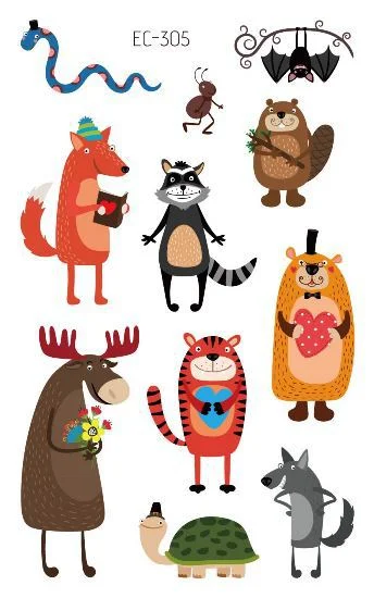 24 kinds Cartoon Animals Temporary Tattoo Stickers for Kids Lion Tiger Giraffe Elephant Fox Hedgehog Turtle tatouage temporaire