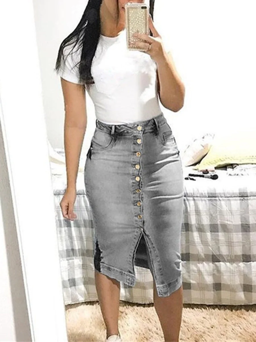 Button Slit Denim Jeans Skirt